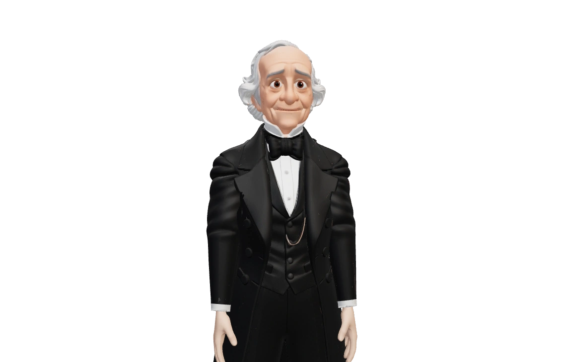Cartoon portrayal of Laurent Clerc in a dark period coat and waistcoat.