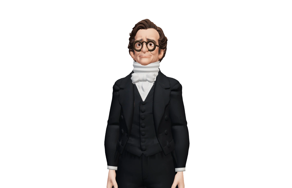 Cartoon portrayal of Thomas Hopkins Gallaudet in a dark period coat and white cravat.